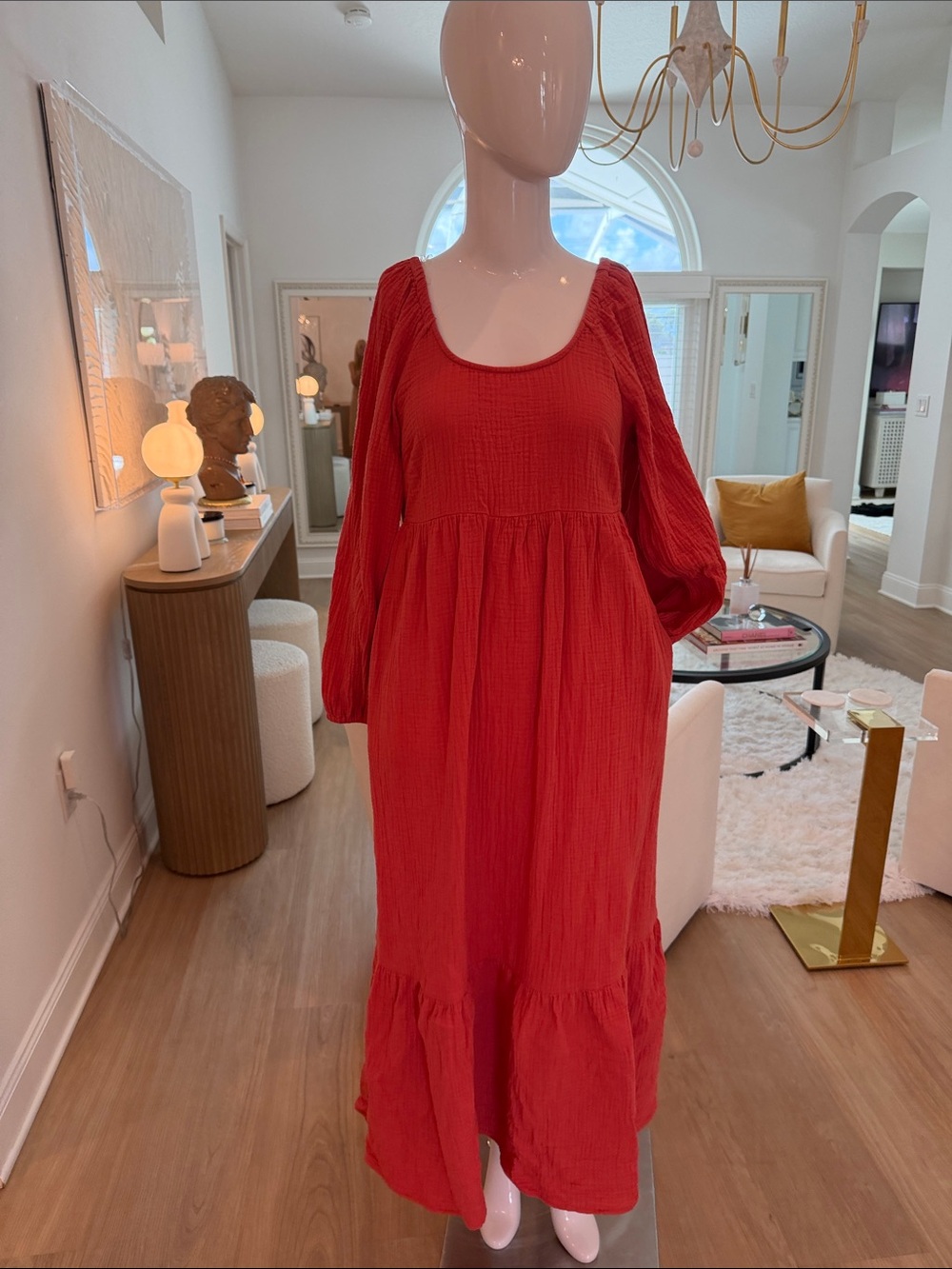 Universal Thread Rust Gauze Maxi Dress with Long Puff Sleeves